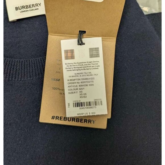 Burberry Women’s Bempton Wool Elbow Check Patches Crewneck Pullover Jumper Navy - Picture 9 of 9